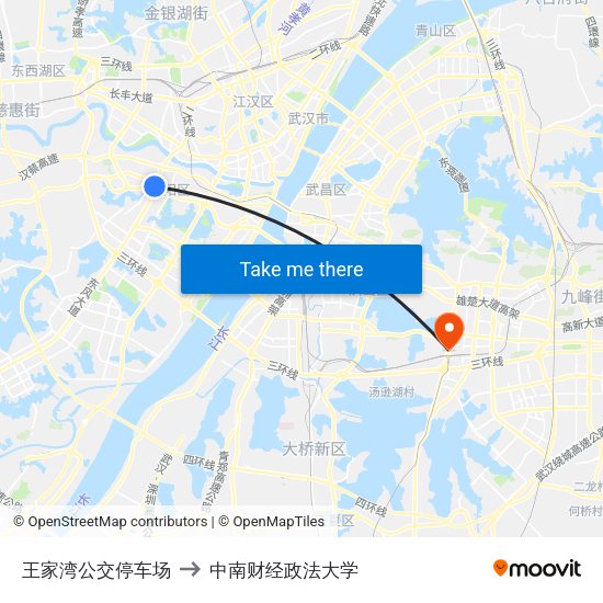王家湾公交停车场 to 中南财经政法大学 map