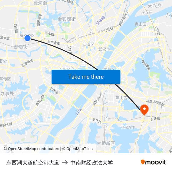 东西湖大道航空港大道 to 中南财经政法大学 map