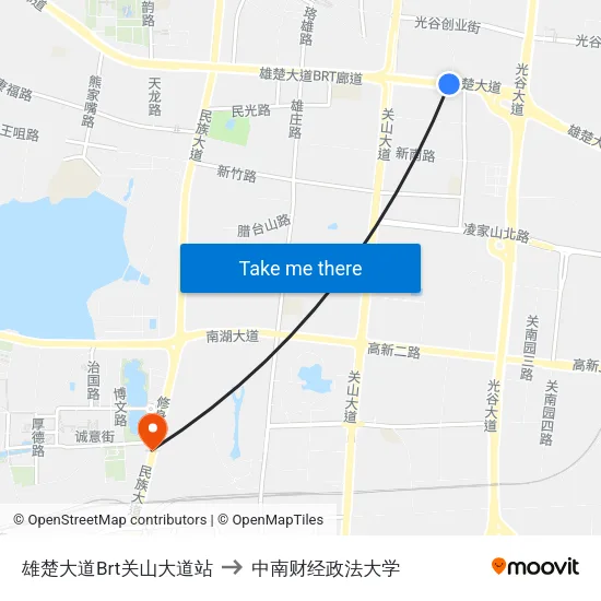 雄楚大道Brt关山大道站 to 中南财经政法大学 map