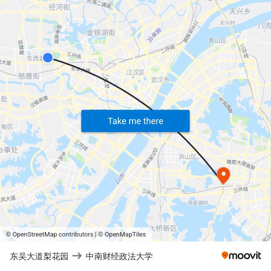 东吴大道梨花园 to 中南财经政法大学 map