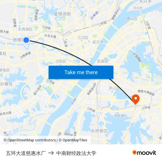 五环大道慈惠水厂 to 中南财经政法大学 map
