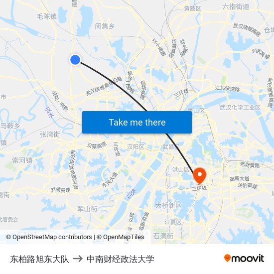 东柏路旭东大队 to 中南财经政法大学 map