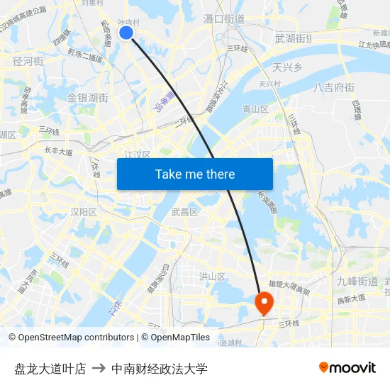 盘龙大道叶店 to 中南财经政法大学 map