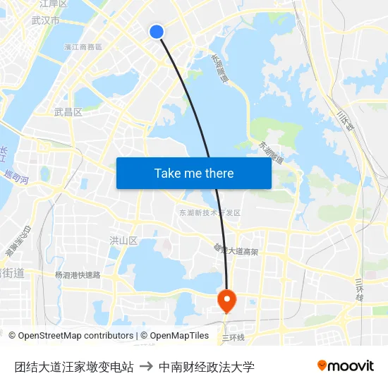 团结大道汪家墩变电站 to 中南财经政法大学 map