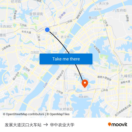 发展大道汉口火车站 to 华中农业大学 map