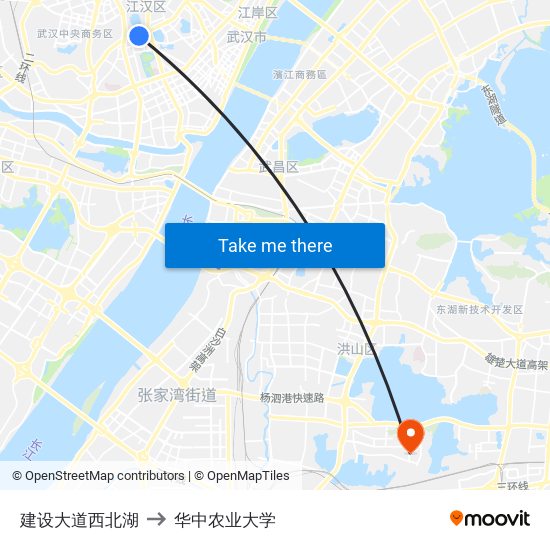 建设大道西北湖 to 华中农业大学 map