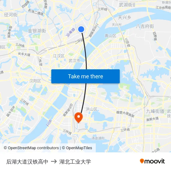 后湖大道汉铁高中 to 湖北工业大学 map