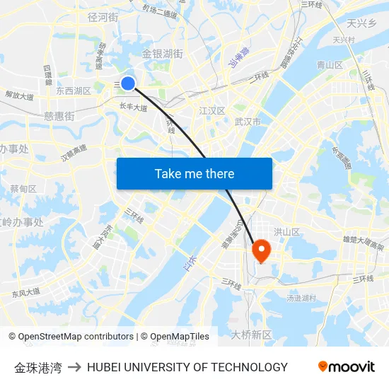 Jinzhu Harbor Bay to Hubei University of Technology map