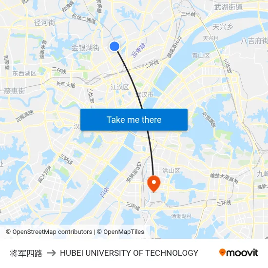 Jiangjun 4th Road to Hubei University of Technology map