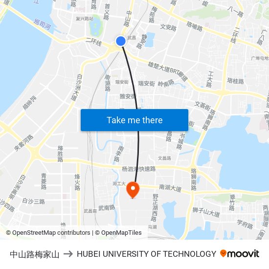 中山路梅家山 to HUBEI UNIVERSITY OF TECHNOLOGY map