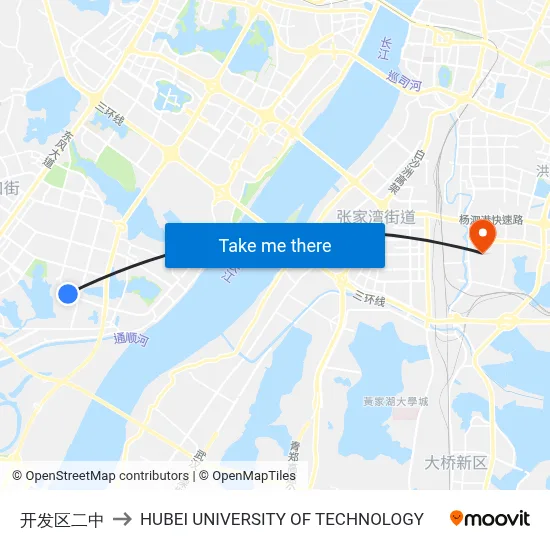 开发区二中 to HUBEI UNIVERSITY OF TECHNOLOGY map
