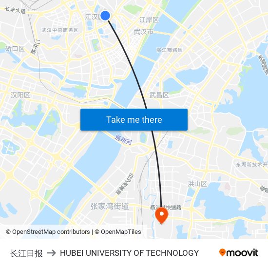 长江日报 to HUBEI UNIVERSITY OF TECHNOLOGY map