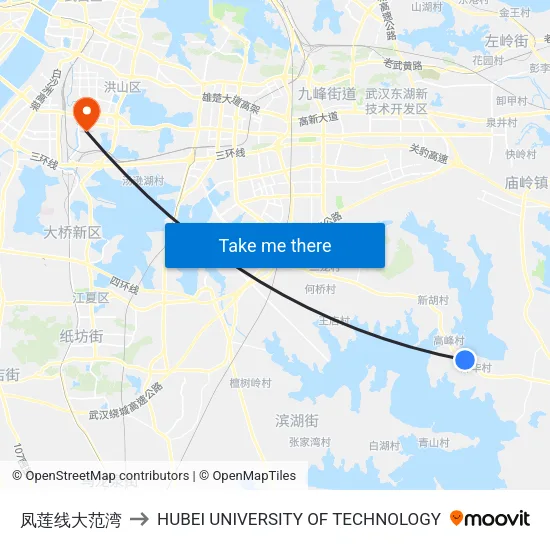 凤莲线大范湾 to HUBEI UNIVERSITY OF TECHNOLOGY map
