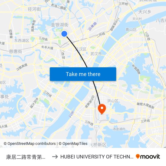 康居二路常青第一学校 to HUBEI UNIVERSITY OF TECHNOLOGY map