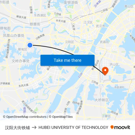 汉阳大街铁铺 to HUBEI UNIVERSITY OF TECHNOLOGY map