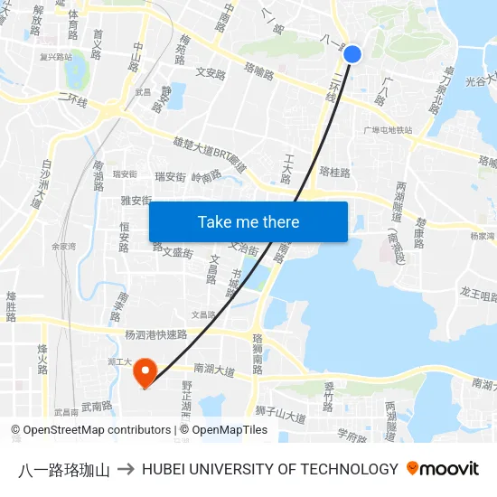 August 1st Road Luojia Mountain to Hubei University of Technology map