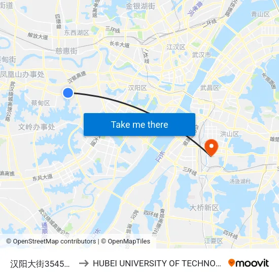 汉阳大街3545工厂 to HUBEI UNIVERSITY OF TECHNOLOGY map