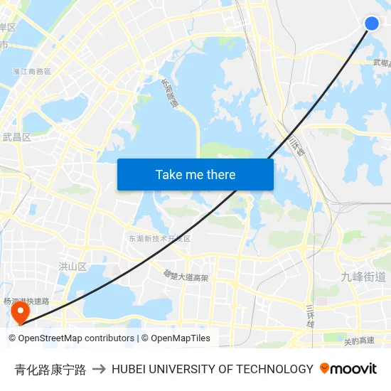 Qinghua Road Kangning Road to Hubei University of Technology map