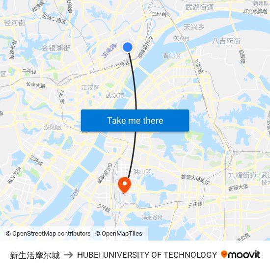 新生活摩尔城 to HUBEI UNIVERSITY OF TECHNOLOGY map