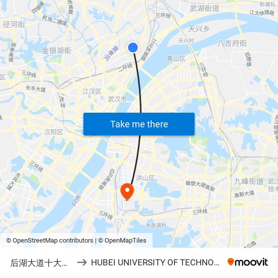 后湖大道十大家村 to HUBEI UNIVERSITY OF TECHNOLOGY map