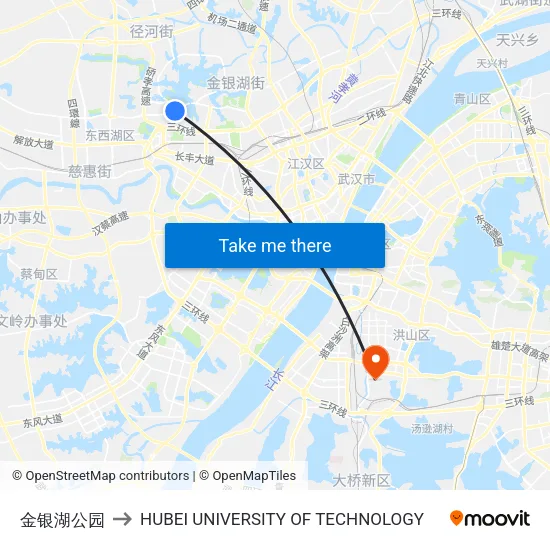 金银湖公园 to HUBEI UNIVERSITY OF TECHNOLOGY map