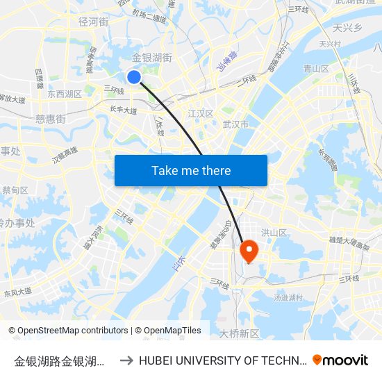 金银湖路金银湖南二路 to HUBEI UNIVERSITY OF TECHNOLOGY map