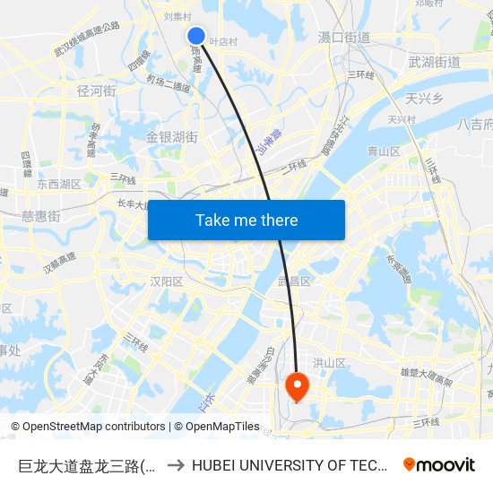 巨龙大道盘龙三路(临时站) to HUBEI UNIVERSITY OF TECHNOLOGY map