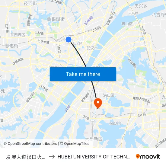 发展大道汉口火车站 to HUBEI UNIVERSITY OF TECHNOLOGY map