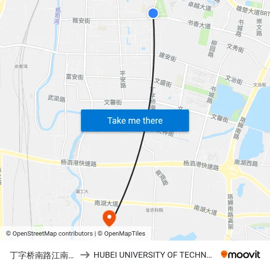 Dingzibridge South Road Jiangnan Court to Hubei University of Technology map