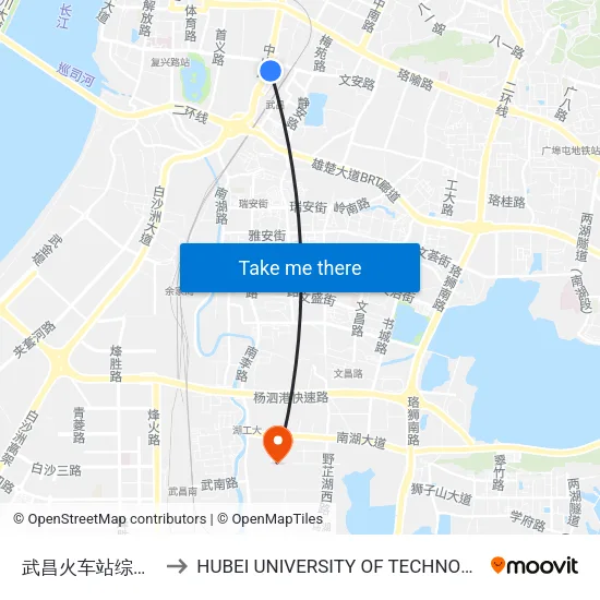 Wuchang Railway Station Complex to Hubei University of Technology map