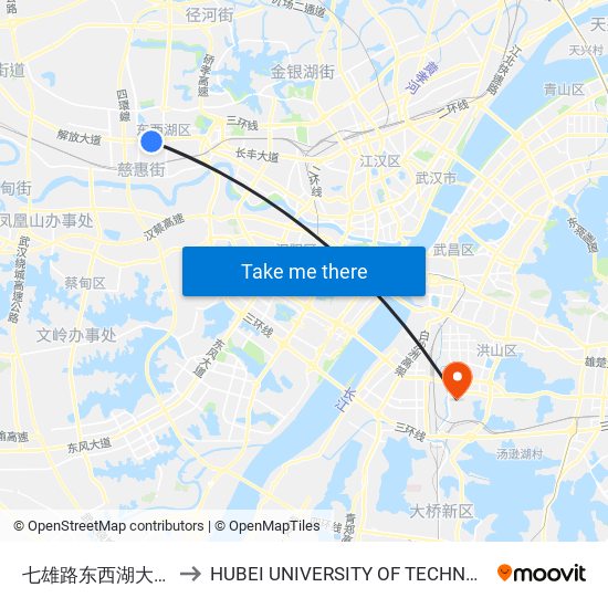 七雄路东西湖大道口 to HUBEI UNIVERSITY OF TECHNOLOGY map