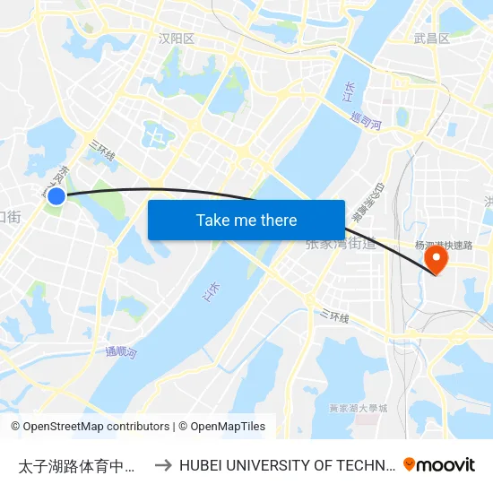太子湖路体育中心北门 to HUBEI UNIVERSITY OF TECHNOLOGY map