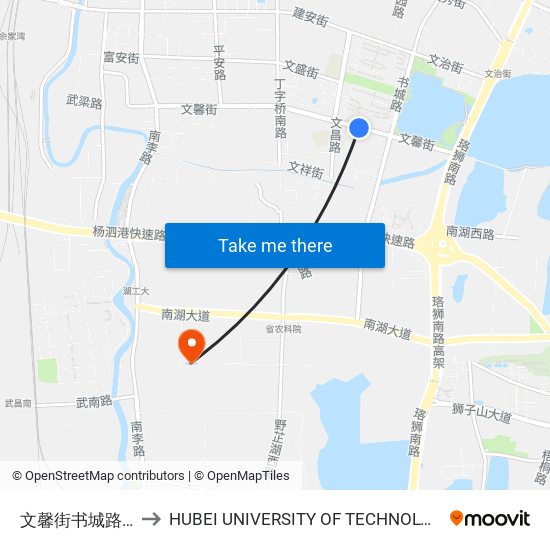 文馨街书城路口 to HUBEI UNIVERSITY OF TECHNOLOGY map