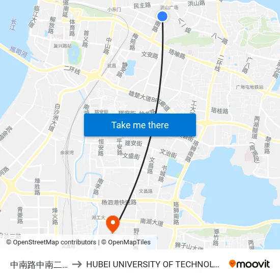 Zhongnan Road - Zhongnan 2nd Road to Hubei University of Technology map