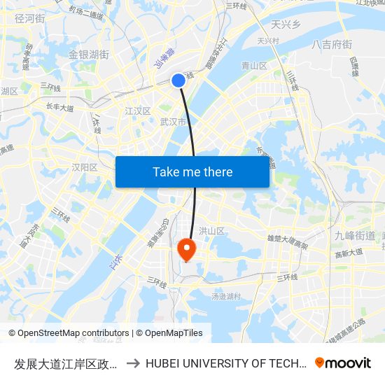 发展大道江岸区政务中心 to HUBEI UNIVERSITY OF TECHNOLOGY map