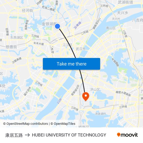 康居五路 to HUBEI UNIVERSITY OF TECHNOLOGY map