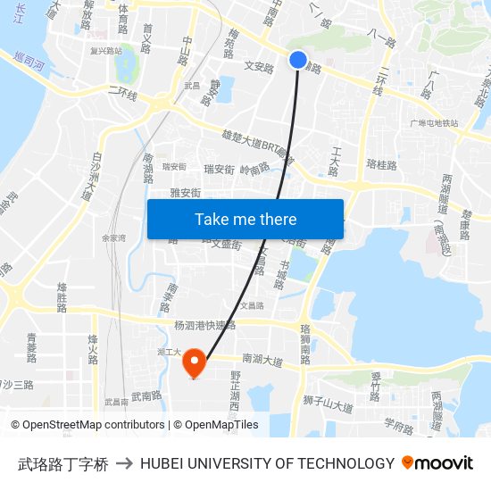 武珞路丁字桥 to HUBEI UNIVERSITY OF TECHNOLOGY map
