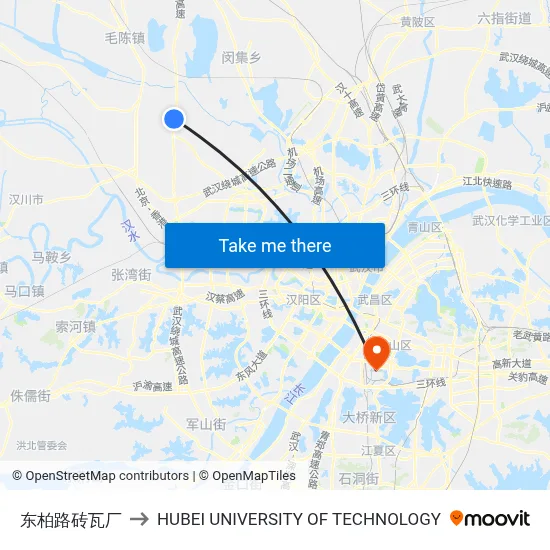 东柏路砖瓦厂 to HUBEI UNIVERSITY OF TECHNOLOGY map