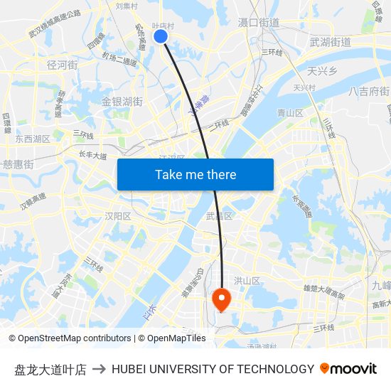盘龙大道叶店 to HUBEI UNIVERSITY OF TECHNOLOGY map