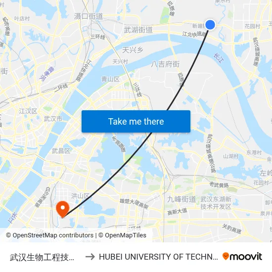 Wuhan Institute of Bioengineering to Hubei University of Technology map