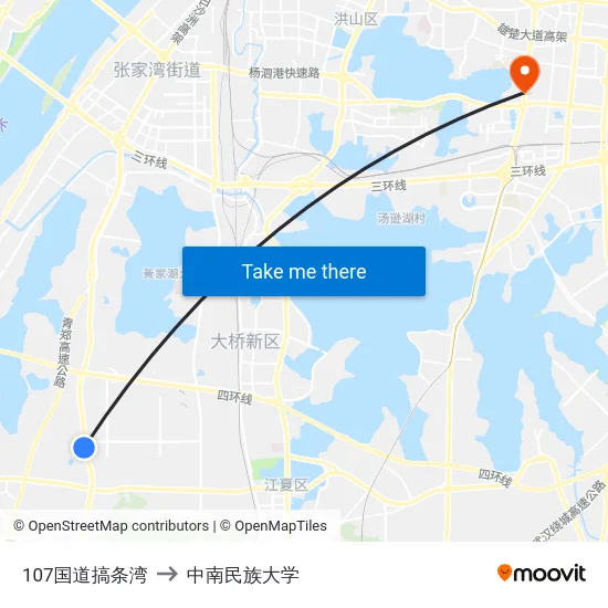 107国道搞条湾 to 中南民族大学 map