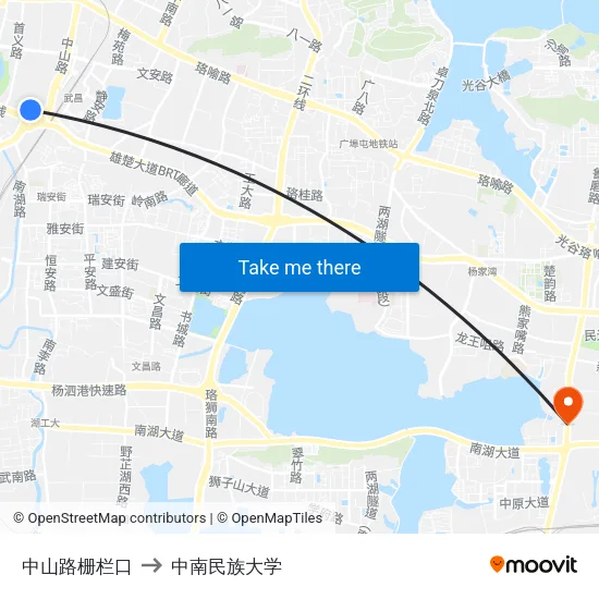 中山路栅栏口 to 中南民族大学 map