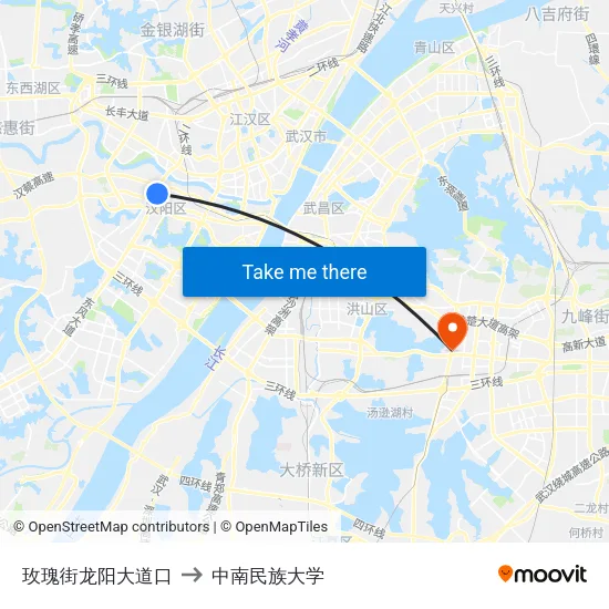 玫瑰街龙阳大道口 to 中南民族大学 map