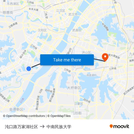 沌口路万家湖社区 to 中南民族大学 map