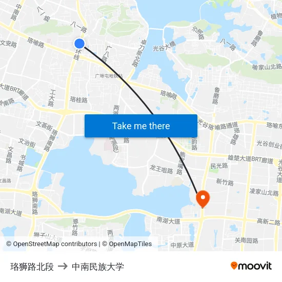 珞狮路北段 to 中南民族大学 map