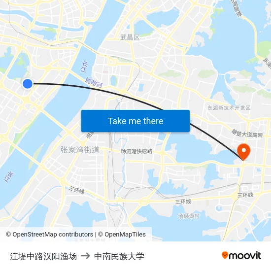 江堤中路汉阳渔场 to 中南民族大学 map