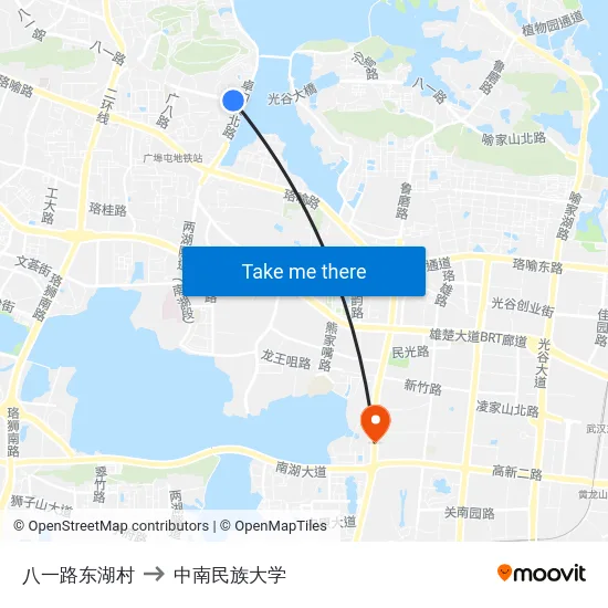 八一路东湖村 to 中南民族大学 map