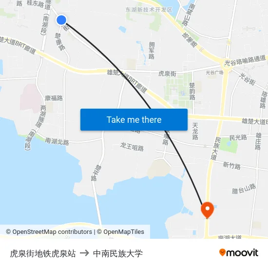 虎泉街地铁虎泉站 to 中南民族大学 map