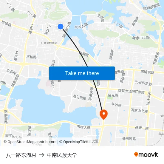 八一路东湖村 to 中南民族大学 map