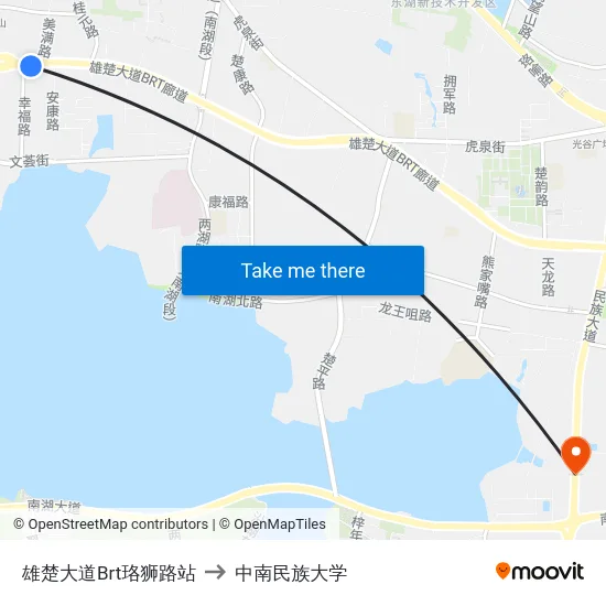雄楚大道Brt珞狮路站 to 中南民族大学 map